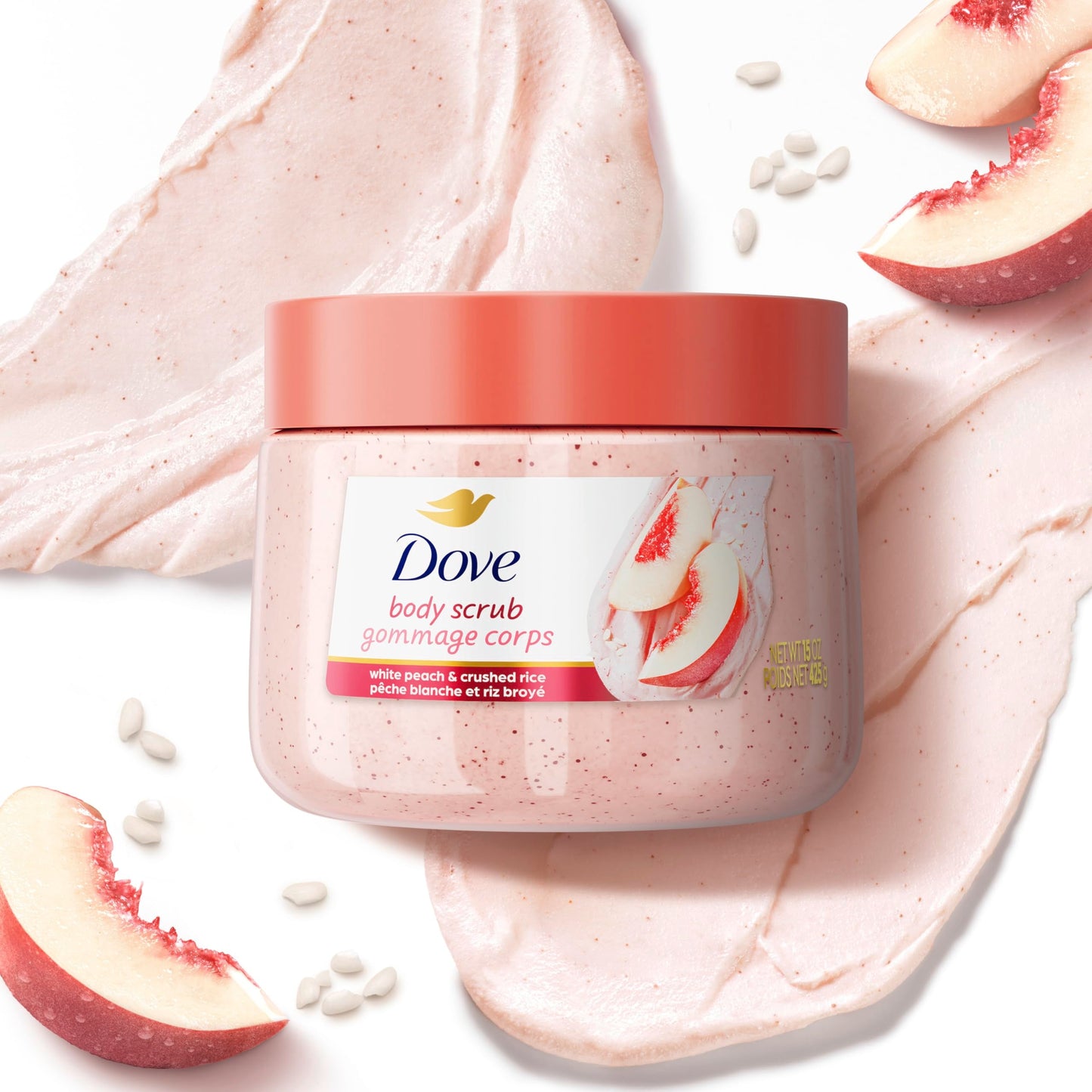 Dove White Peach & Crushed Rice Body Scrub Exfoliates and Deeply Nourishes for Smooth, Radiant Skin 15 oz