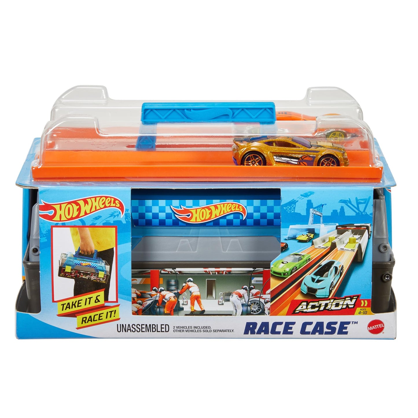 Hot Wheels Toy Cars & Track Set, Race Case Playset with 2 Vehicles in 1:64 Scale, Dual Launcher for Side-By-Side Racing & Portable Storage Container