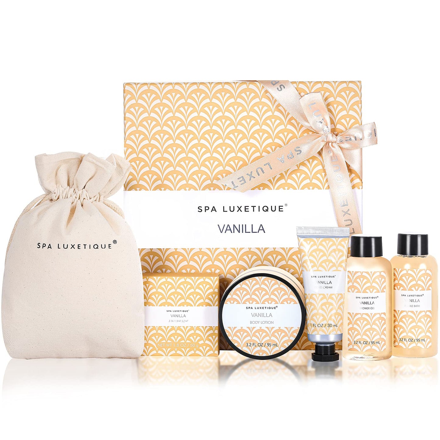 Spa Luxetique Vanilla Bath Gift Set for Women – 6pc Spa Set with Shower Gel, Bubble Bath, Lotion & Hand Cream, Relaxing Christmas Gift