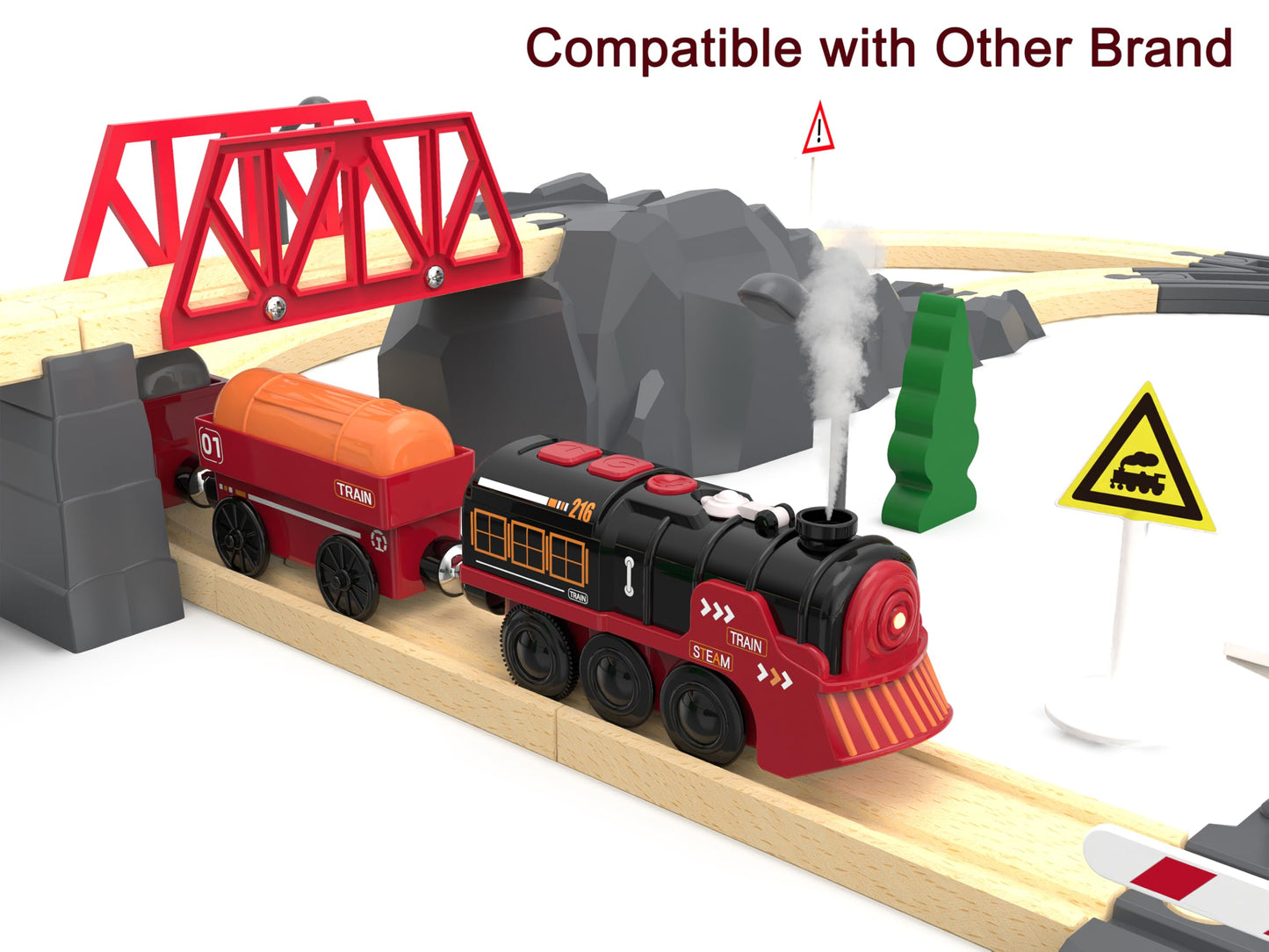 Electric Toy Train Set for Wooden Tracks – Battery Operated Christmas Train with Lights, Sounds & Smoke, Compatible with Thomas & Brio