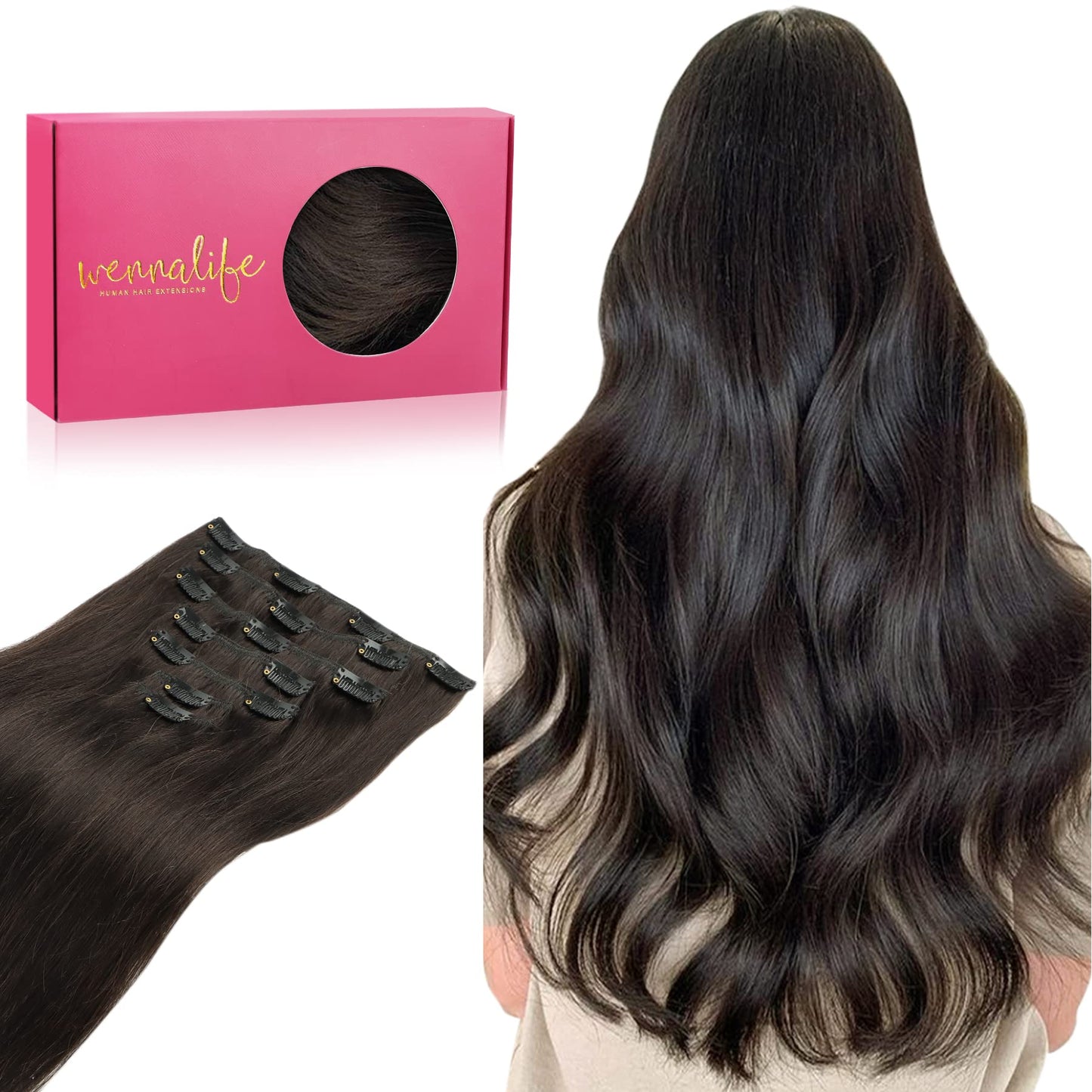 WENNALIFE Clip in Hair Extensions Real Human Hair, 18 Inch 120g 7pcs Human Hair Extensions Clip Ins, Dark Brown Coloured Remy Hair