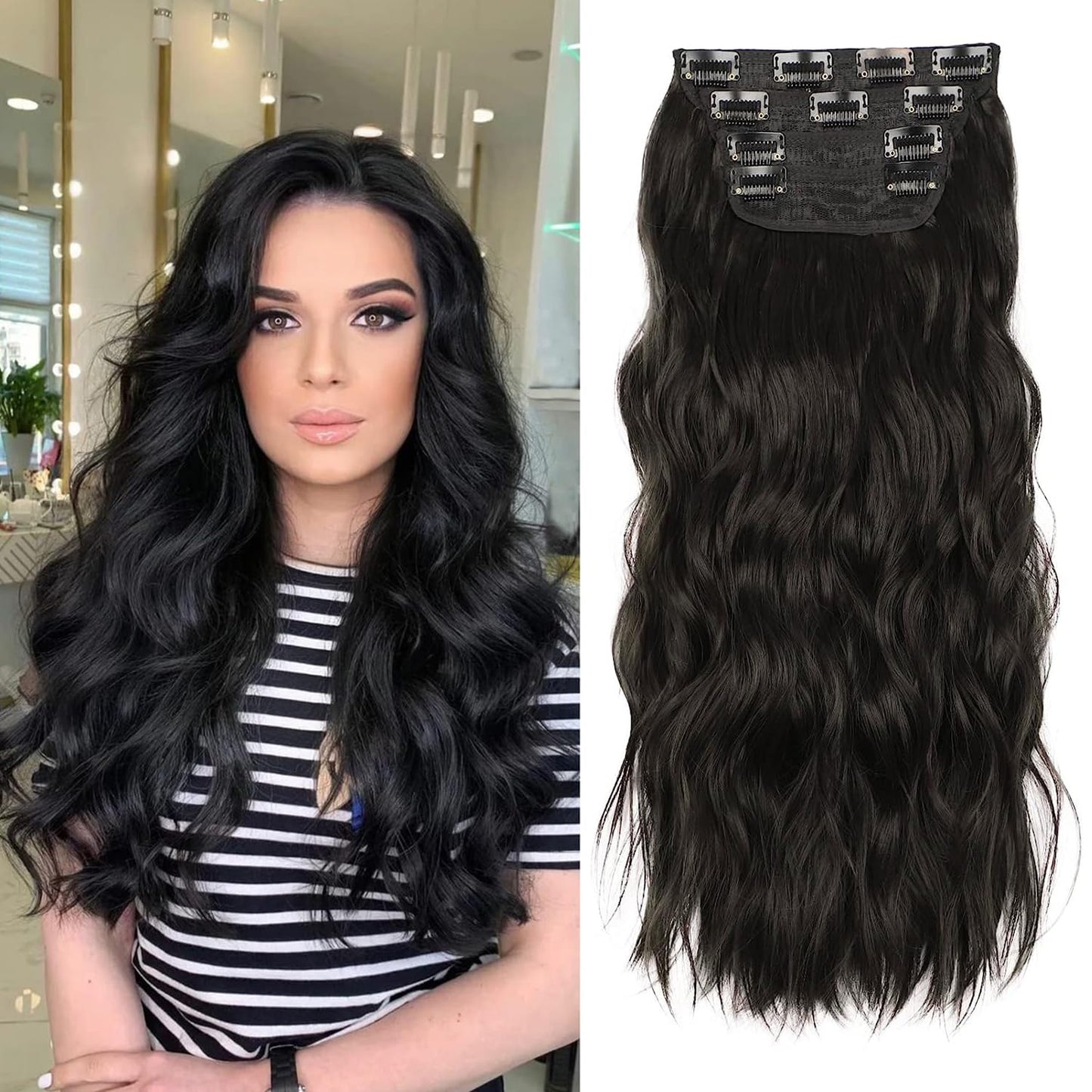 Black Hair Extensions, 20 Inches Soft Synthetic Curly Hair Extensions Clip ins (Color: Black)