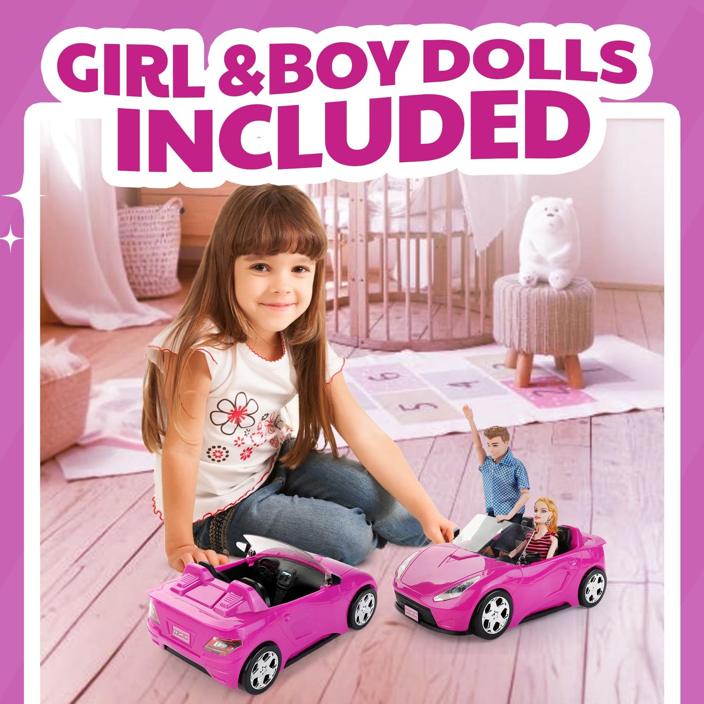Liberty Imports Doll-Sized Convertible Car for Dolls – 2-Seater Pink Vehicle with Rolling Wheels, Seat Belts w/ Two 11.5" Dolls Included
