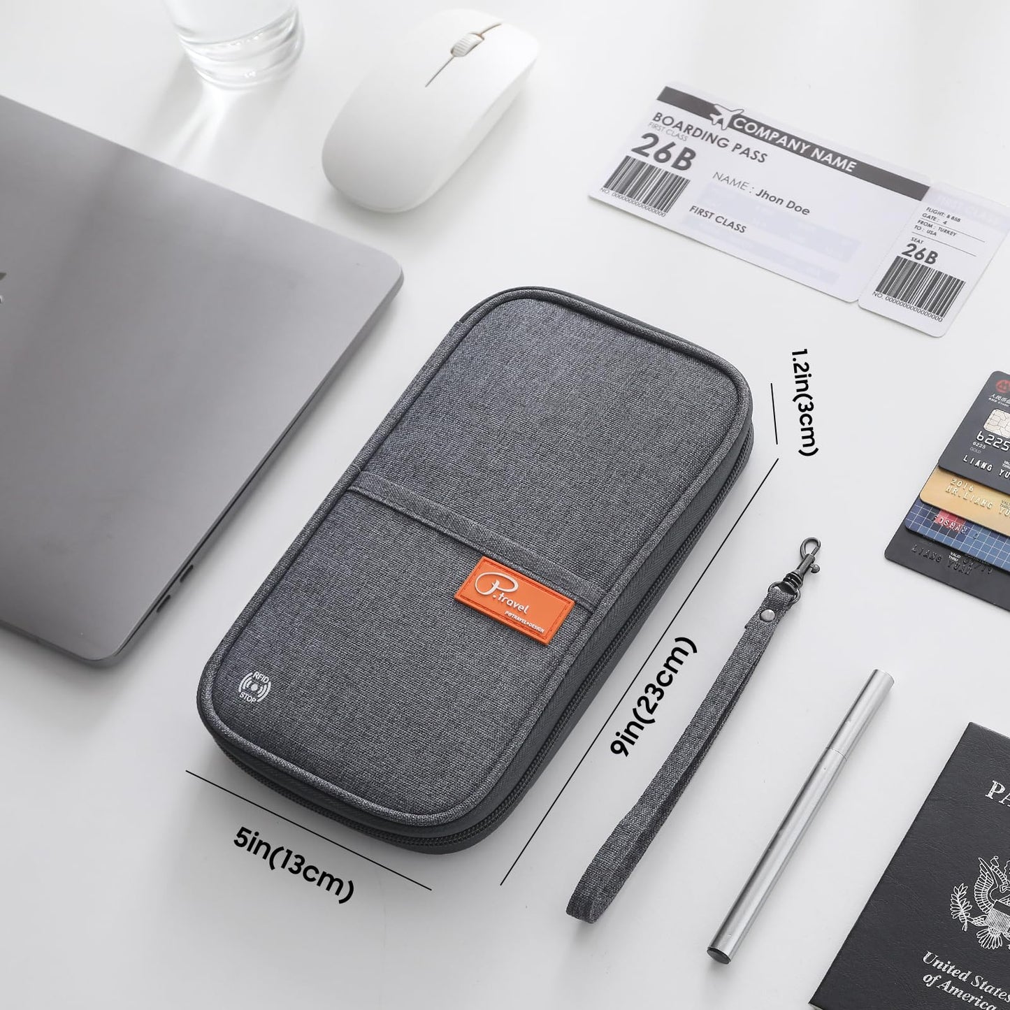 Travel Passport Wallet – Lightweight RFID Blocking Family Passport Holder & Waterproof Document Organizer Bag for Men & Women, Grey