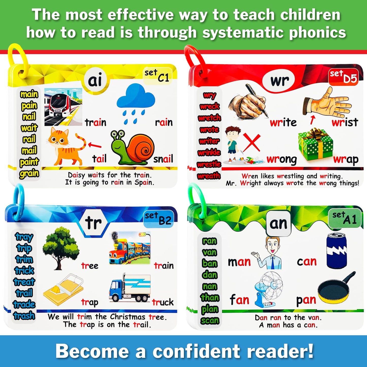 Phonics Flash Cards for Kids 4-8 – 20-Stage Spaced Repetition System, CVC, Digraphs, Blends & Long Vowels, Reading Games for K-2