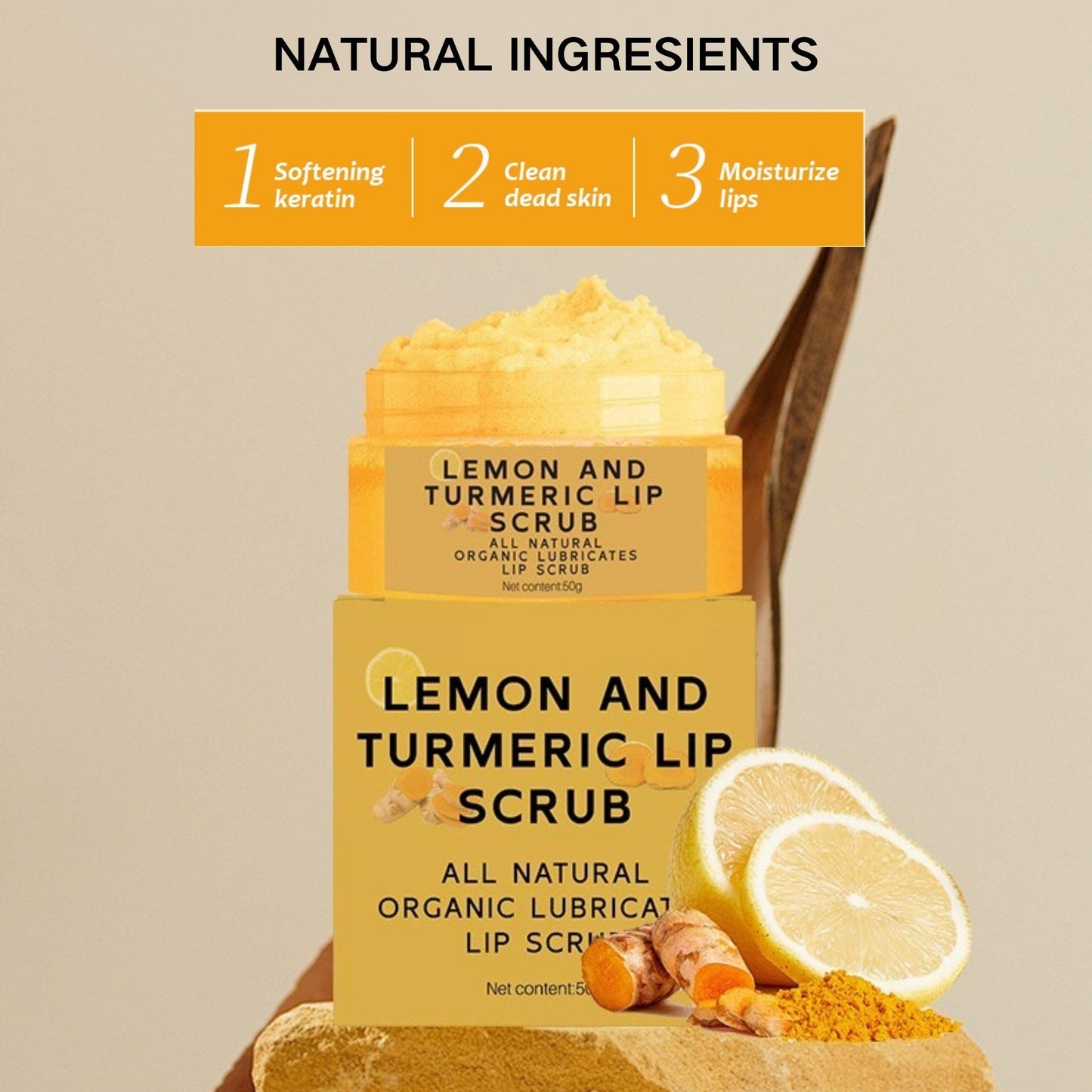 Turmeric Lip Scrub with Lemon – Natural Sugar Exfoliator for Dry, Chapped Lips, Smooths Lines, Hydrates & Nourishes Dark Lips