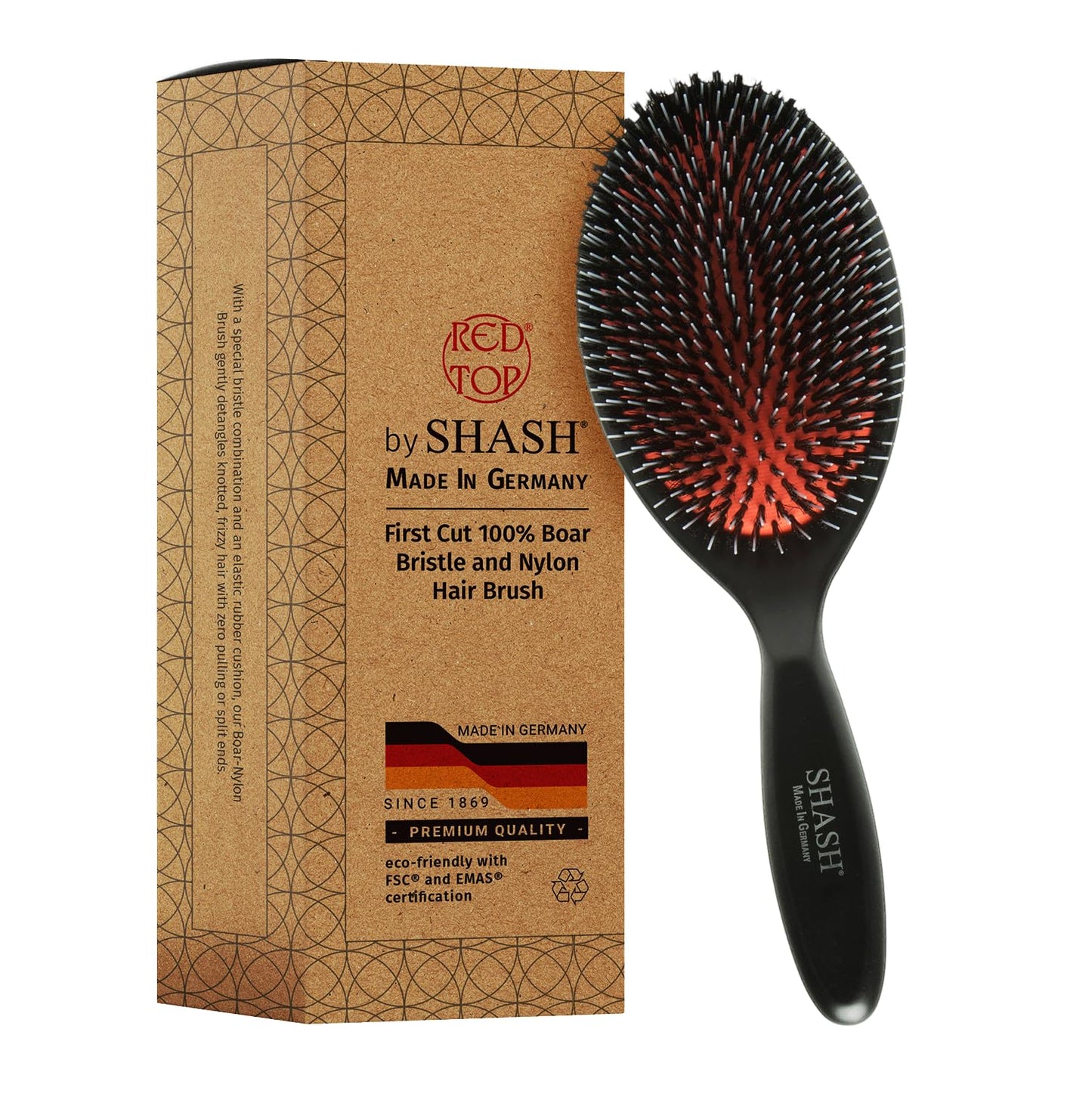 Since 1869 Handcrafted German Hair Brush – Nylon & 100% First Cut Boar Bristles for Normal to Thick Hair – Gently Detangles & Softens, Large