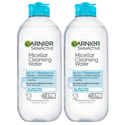Garnier Micellar Water for Waterproof Makeup - Hydrating Cleanser & Makeup Remover, Sensitive Skin, Vegan, Cruelty-Free, 13.5oz, 2 Pack