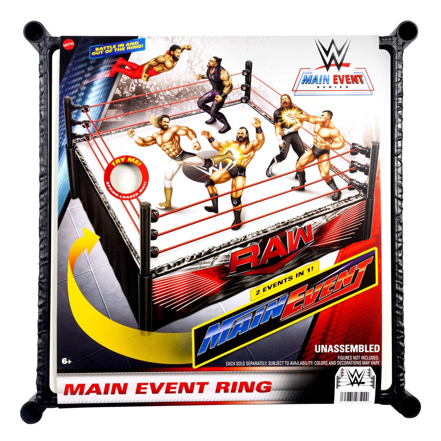 Mattel WWE Superstar Ring with Labels - Main Event & RAW, Spring-Loaded Ring Mat & Pro Tension Elastic Rope