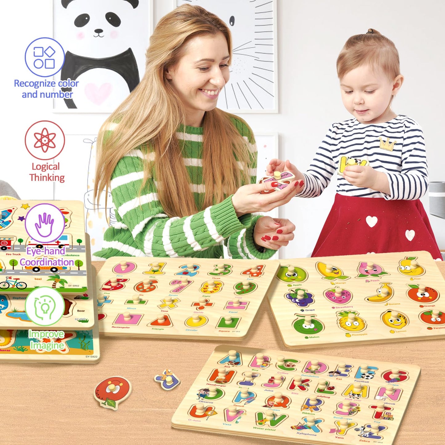 edutree Wooden Peg Puzzles for Toddlers – 6-Pack Montessori Educational Toys with Alphabet, Numbers, Animals, Vehicles & Shapes for Ages 1-5