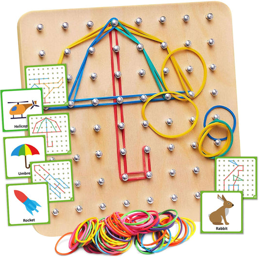Panda Brothers Wooden Geoboard – Montessori STEM Toy for Kids Ages 3-5, Includes 30 Pattern Cards & 40 Rubber Bands for Creative Learning