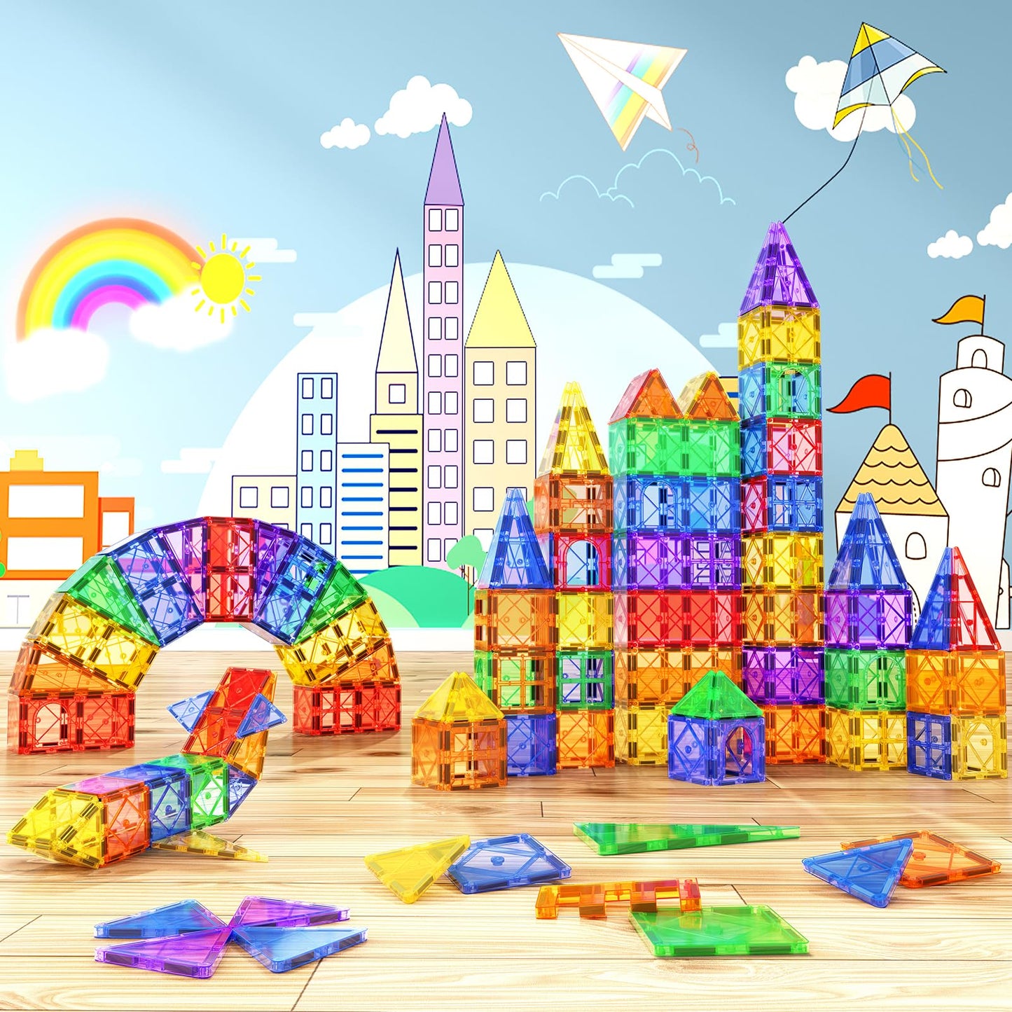 52PCS Magnetic Tiles Toys for 3 Year Old Boys and Girls Magnetic Building Blocks STEM Learning Toys Sensory Montessori Toys for Toddlers Kids