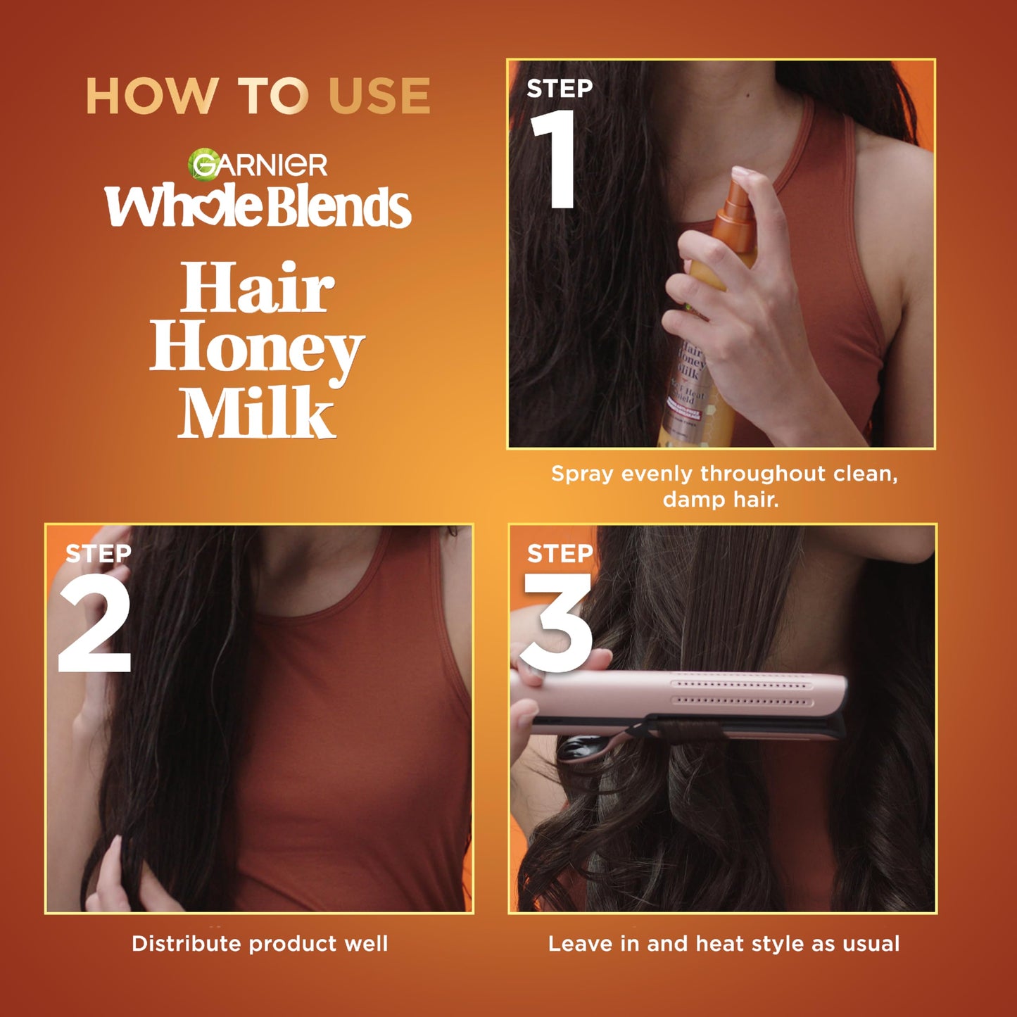 Garnier Whole Blends Hair Honey Milk 450F Heat Protectant Spray, For All Hair Types With Up To 100 Hrs of Frizz Control, 8.5 Fl Oz, 2 Count