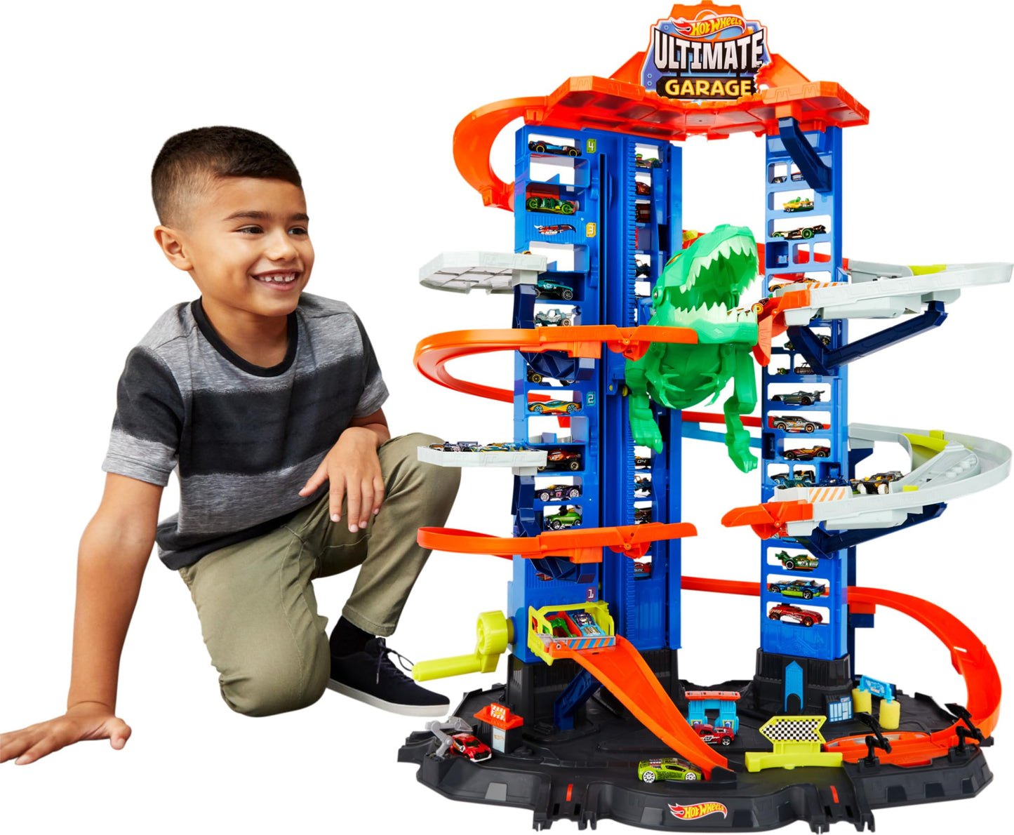 Hot Wheels Ultimate Garage City Playset with 2 Cars, Multi-Level Racetrack, Moving T-Rex & Storage for 100+ 1:64 Vehicles