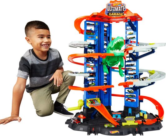 Hot Wheels Ultimate Garage City Playset with 2 Cars, Multi-Level Racetrack, Moving T-Rex & Storage for 100+ 1:64 Vehicles