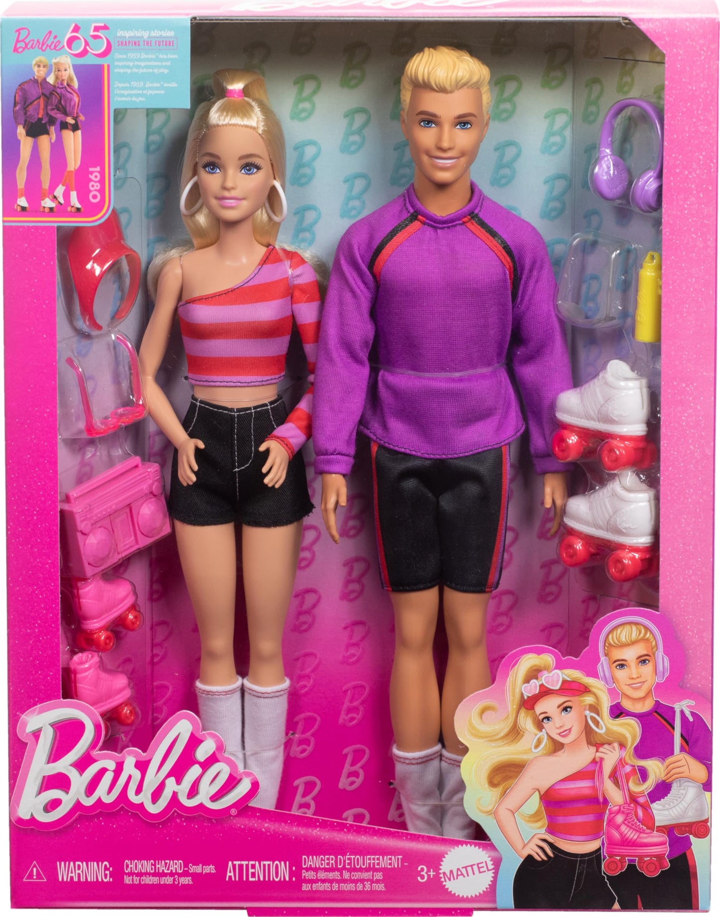 Barbie Fashionistas Set with 2 Fashion Dolls & 6 Accessories, Ken Roller-Skating Fashion Dolls, 65th Anniversary Collectible (Amazon Exclusive)