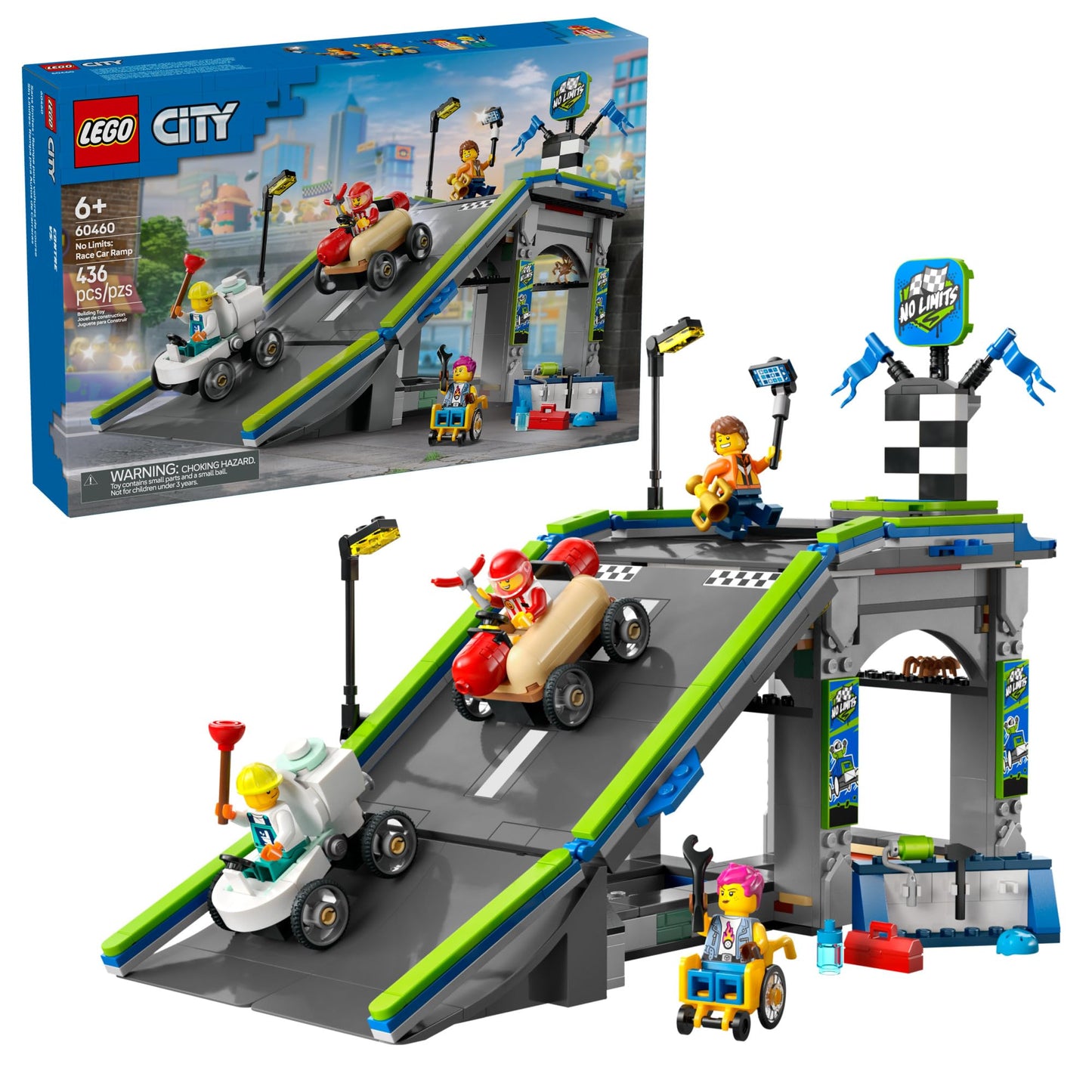 LEGO City No Limits Race Car Ramp Toy for Kids 6+ – Buildable Ramp with 2 Cars & 4 Minifigures, Racing Fun Gift Set 60460