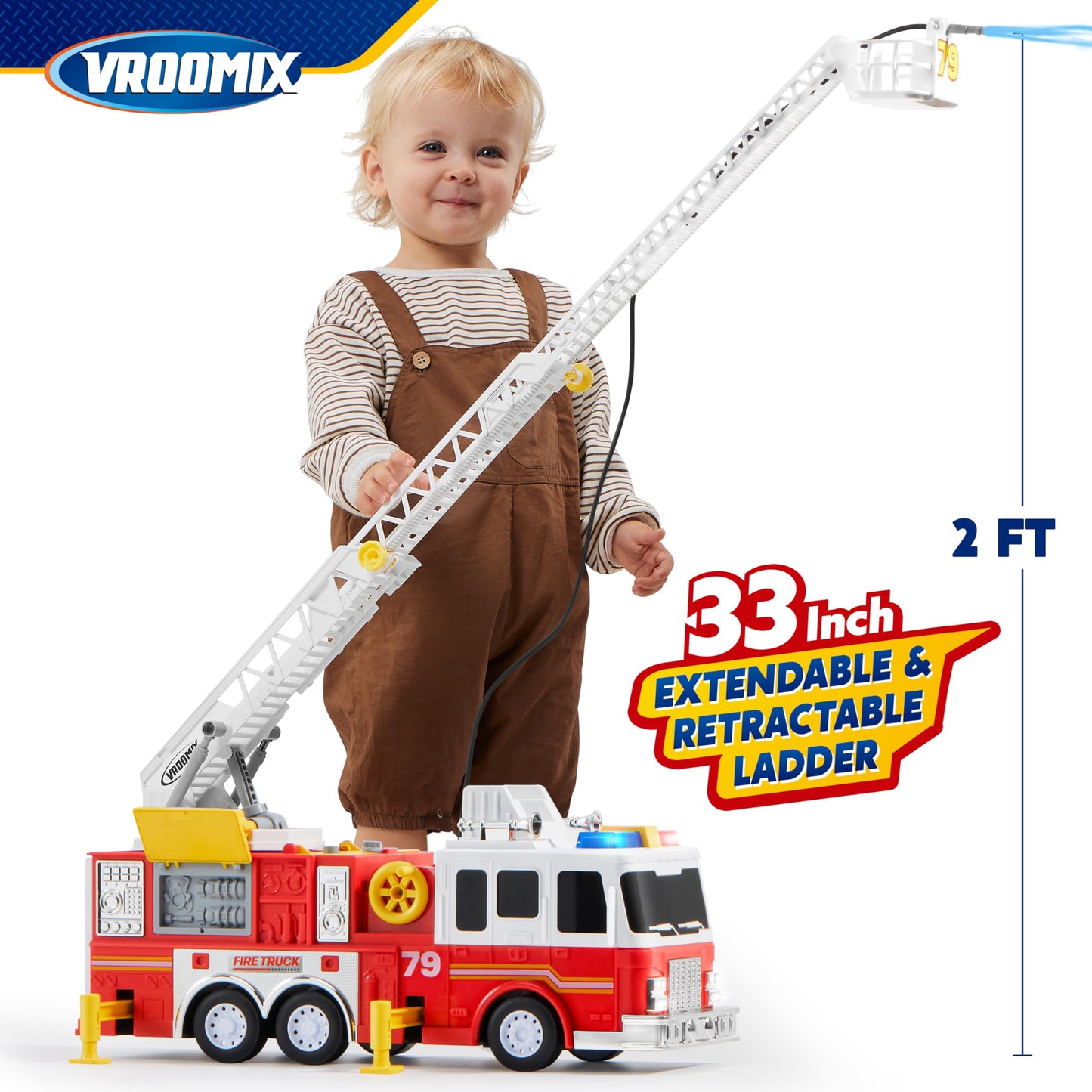 Extra Large 33" Fire Truck Toy for Boys with Lights, Sirens & Sprinkler Pump – Big Emergency Vehicle for Kids Ages 3-7, Gift
