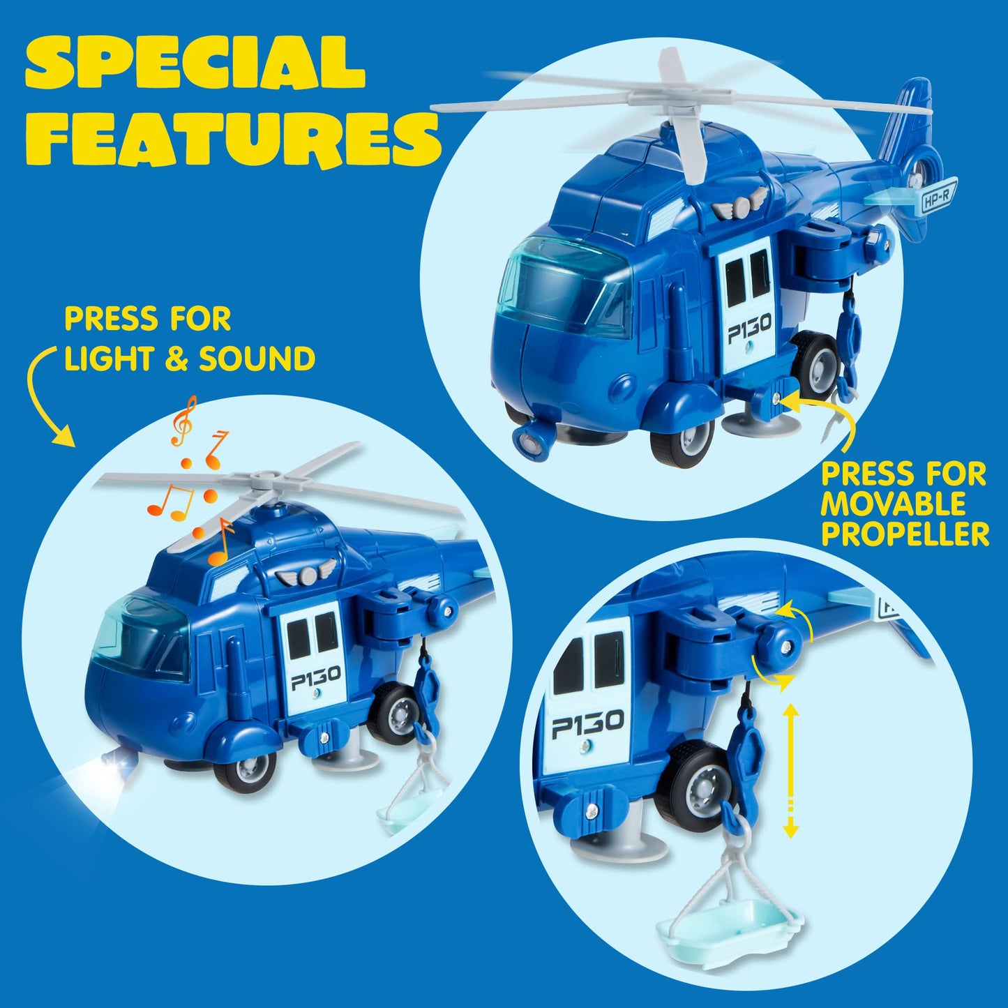 JOYIN 4-Pack Emergency Vehicle Toys, Friction Powered Fire Truck, Ambulance, Police Car & Helicopter with Lights & Sounds, Kids Gift