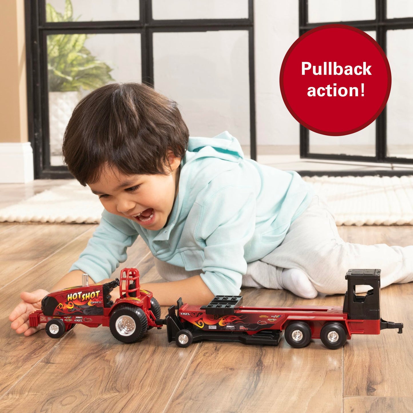 TOMY Case IH 1/32 Hot Shot Pullback Pulling Tractor with Sled 47550