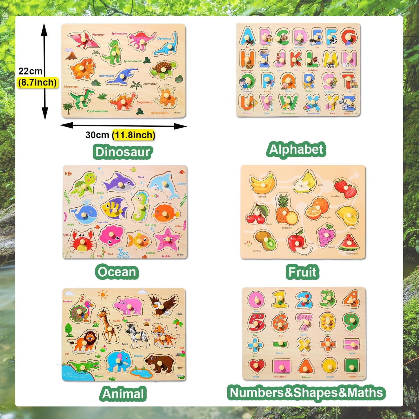 LOYUEGIYO 6PCS Toddler Wooden Peg Puzzles – Educational Sensory Toy for Kids Ages 2-5, Includes Dinosaur, Ocean, Alphabet, Numbers & More