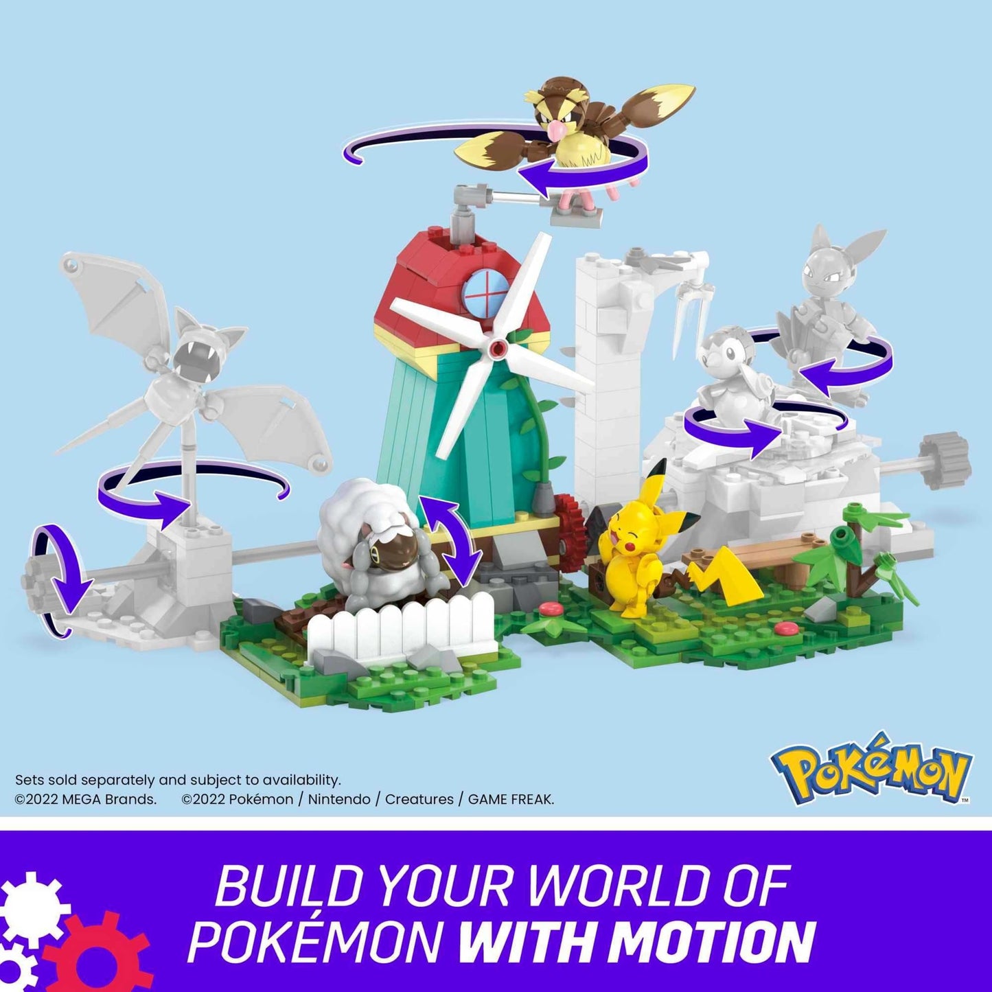 MEGA Pokemon Action Figure Building Toy Set, Countryside Windmill with 240 Pieces, Motion and 3 Poseable Characters, Gift Idea for Kids