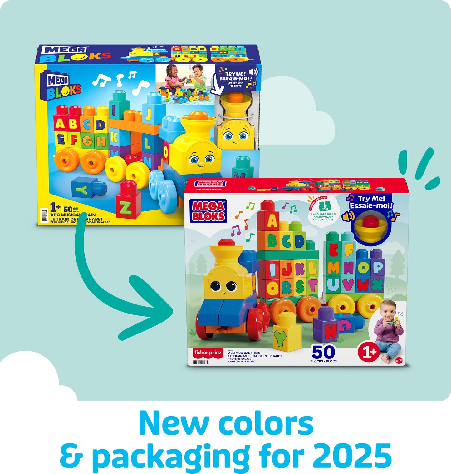 MEGA BLOKS First Builders Toddler Building Blocks Toy Set, ABC Musical Train with 50 Pieces, Music and Sounds, Ages 1+ Years