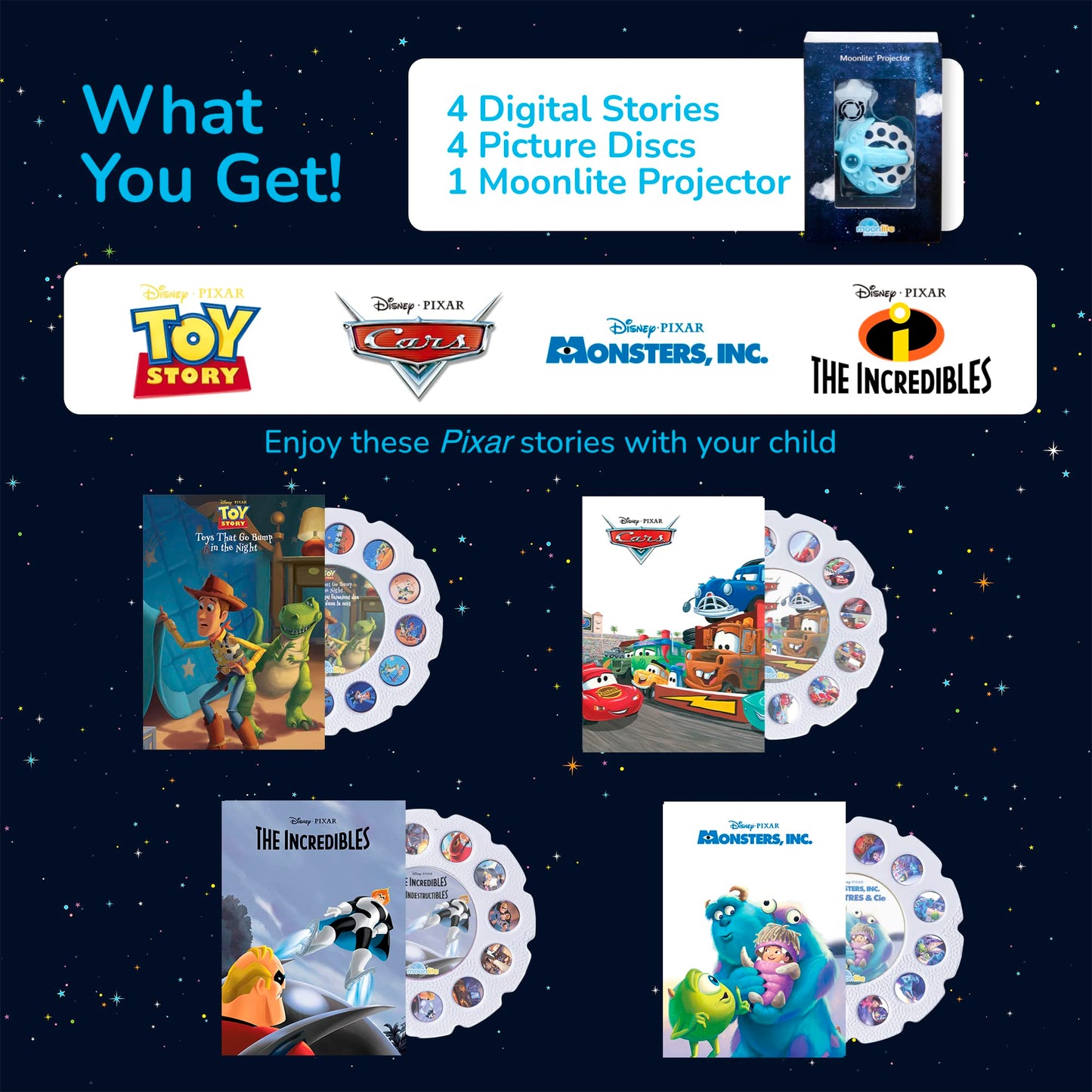 Moonlite Storytime Mini Projector with 4 Pixar Stories – Toy Story, Cars, Incredibles, Monsters Inc | Magical Reading, Sound Effects | Kids 1+