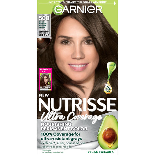 Garnier Nutrisse Ultra Coverage Hair Color, 500 Deep Medium Natural Brown (Glazed Walnut) – Nourishing Permanent Creme Hair Dye, 1 Count