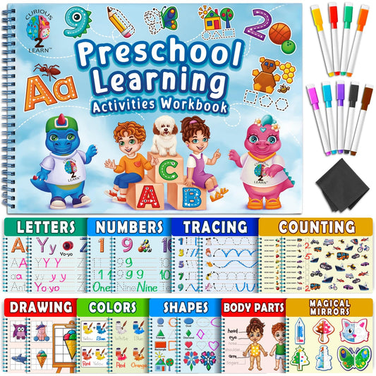 Curious 2 Learn Preschool Activity Workbook – 32 Montessori Learning Activities with 9 Markers for Ages 3–5 – ABC, Numbers, Colors, Shapes