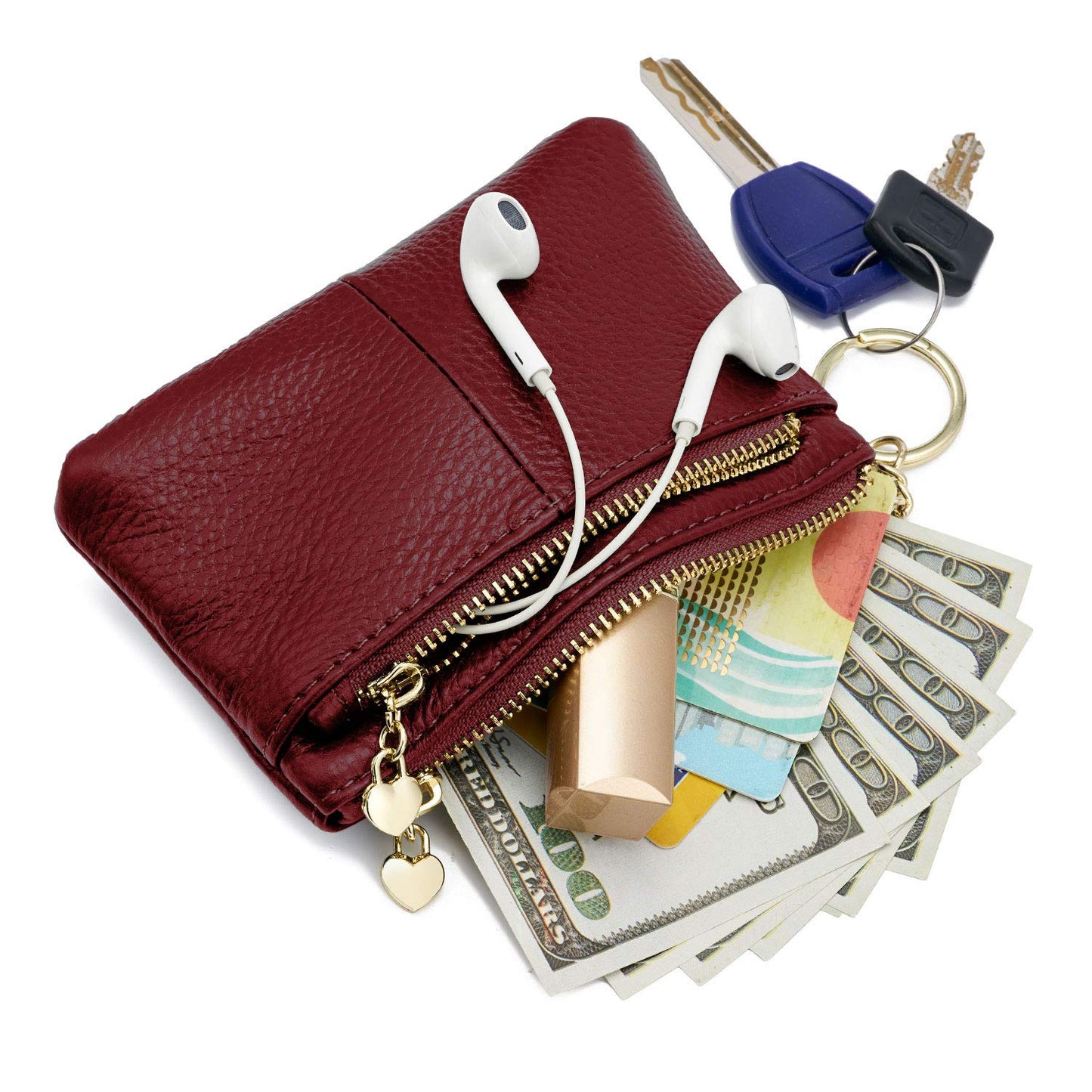 ZOOEASS Coin Purse Women Genuine Leather Zip Mini Purse With Key Ring Triple Zipper Card Holder Wallet(Wine Red)