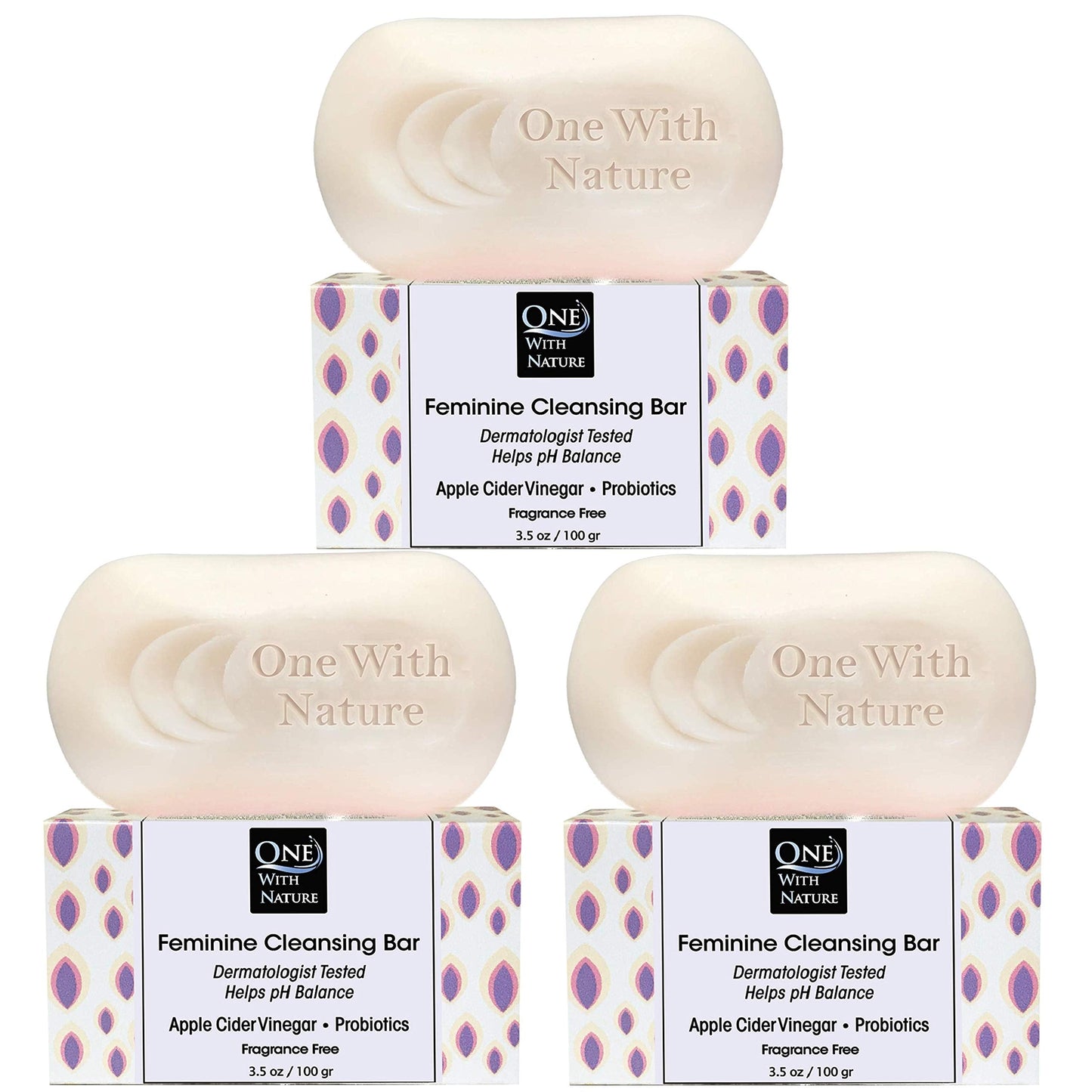 One With Nature Feminine Cleansing Bar 3-Pack (3.5 oz) – Fragrance-Free, with Probiotics, ACV, Oatmeal & Omega Fatty Acids – Gentle Face & Body Soap