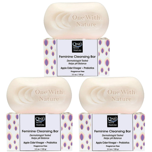 One With Nature Feminine Cleansing Bar 3-Pack (3.5 oz) – Fragrance-Free, with Probiotics, ACV, Oatmeal & Omega Fatty Acids – Gentle Face & Body Soap