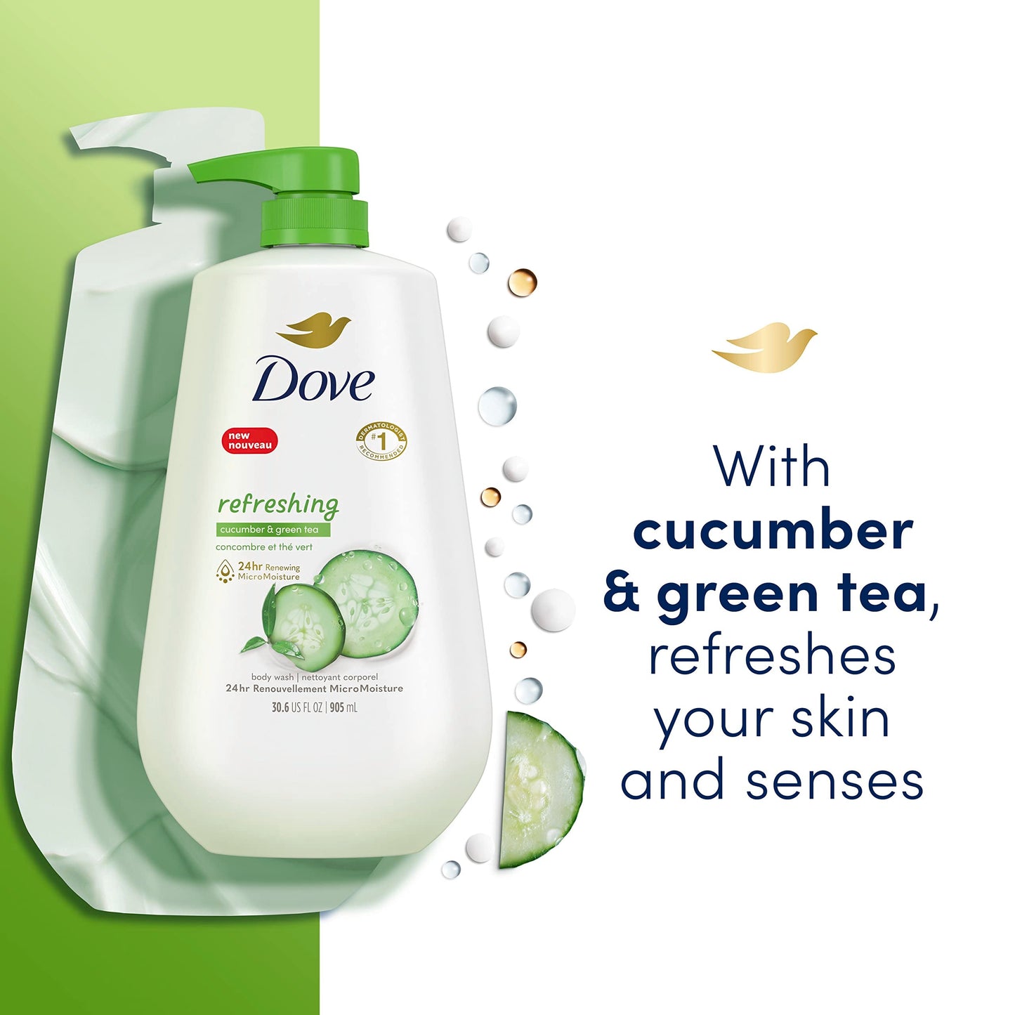 Dove Body Wash with Pump Refresh Cucumber and Green Tea for 24hr Lotion-Soft Skin Moisturizing Skin Cleanser with No Sulfates No Parabens 30.6 oz