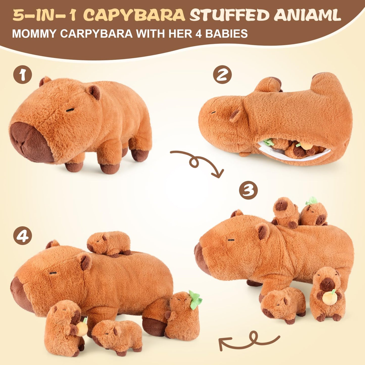 SuzziPals 5-in-1 Capybara Plush Set – Mommy Capybara with 4 Baby Stuffed Animals, Soft Pillow Plushies & Cute Gift for Girls Age 3-8