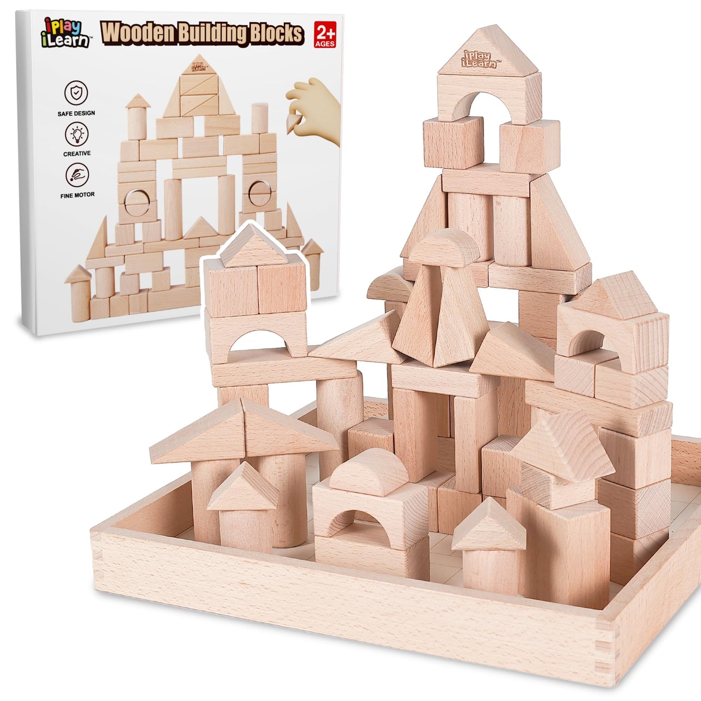 iPlay iLearn Wooden Building Blocks for Kids – Montessori Toddler Toy, Hardwood Stacking Bricks, Preschool Gift for Ages 2-8