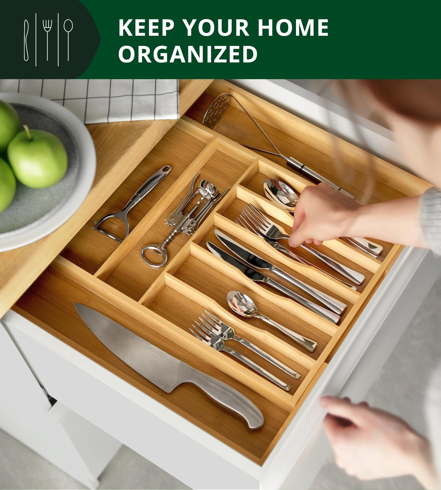 ROYAL CRAFT WOOD Bamboo Kitchen Drawer Organizer – 9-Slot Silverware, Utensil & Cutlery Tray Divider, Natural Finish