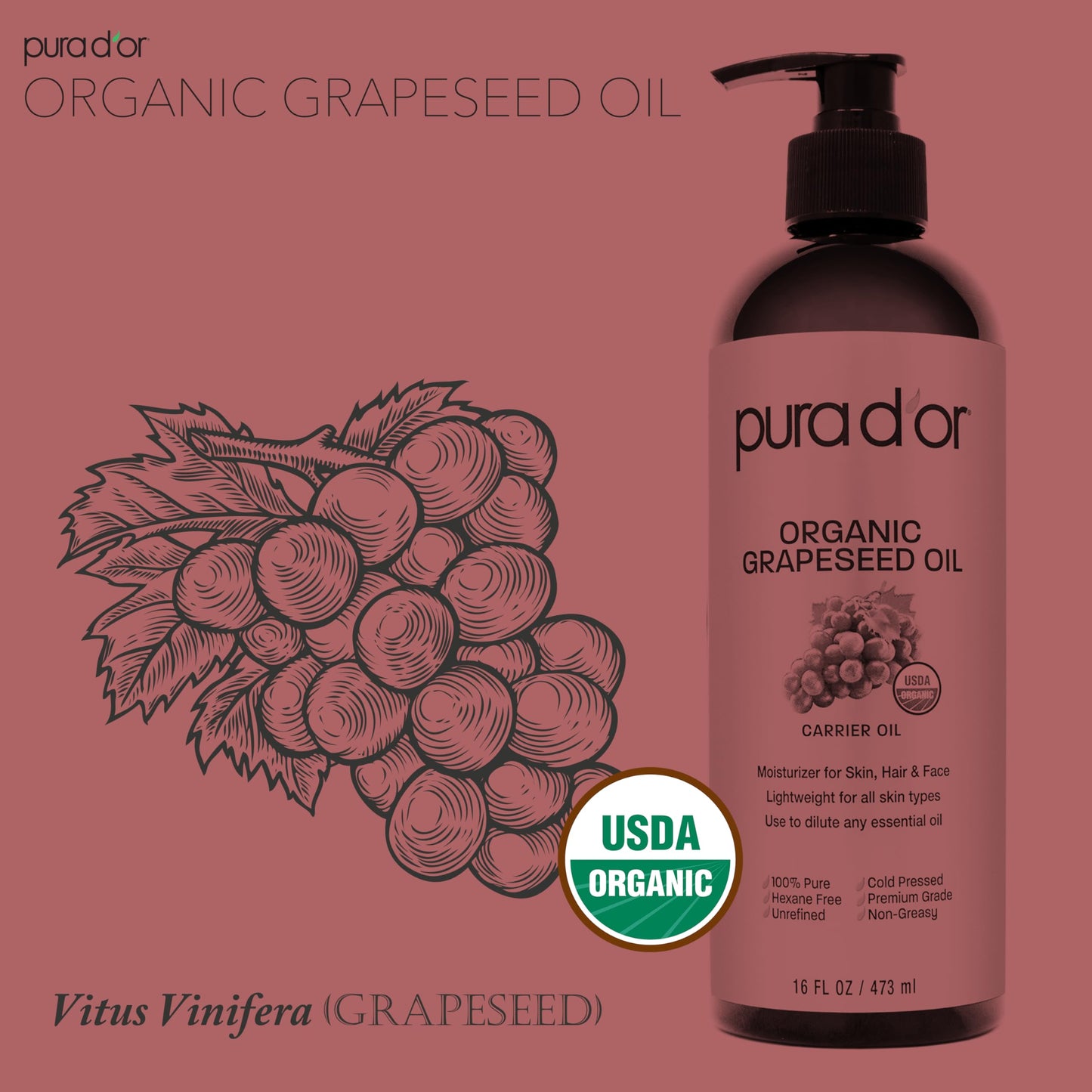 PURA D'OR Organic Grapeseed Oil 16oz – 100% Pure, Cold Pressed, USDA Certified Carrier Oil for Face, Skin & Hair – Light, Unscented, Hexane-Free Moisturizer