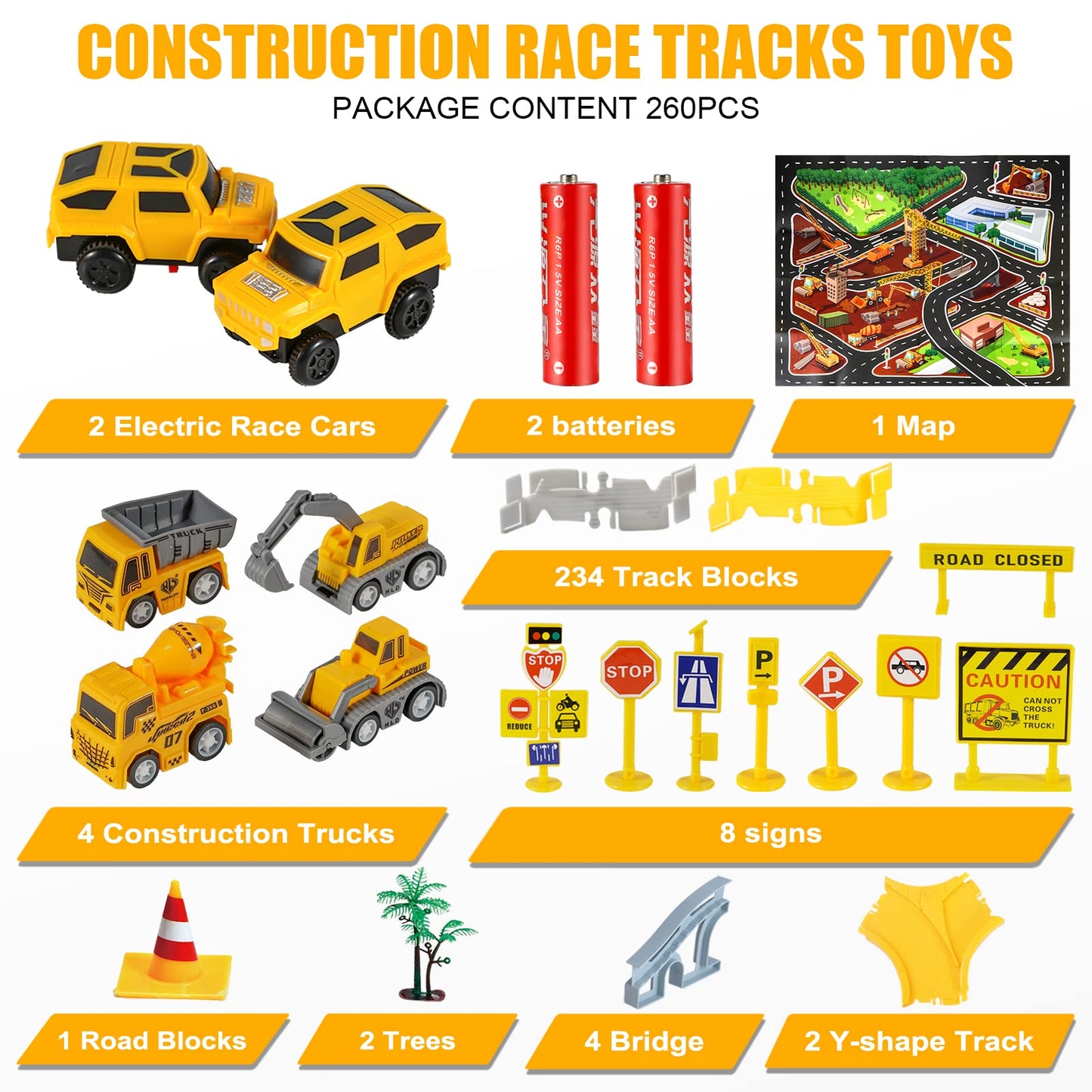 260 PCS Construction Race Track Set for Kids – 2 Electric Cars, 4 Construction Vehicles, Map & Flexible DIY Track, STEM Engineering Toy Ages 3-6
