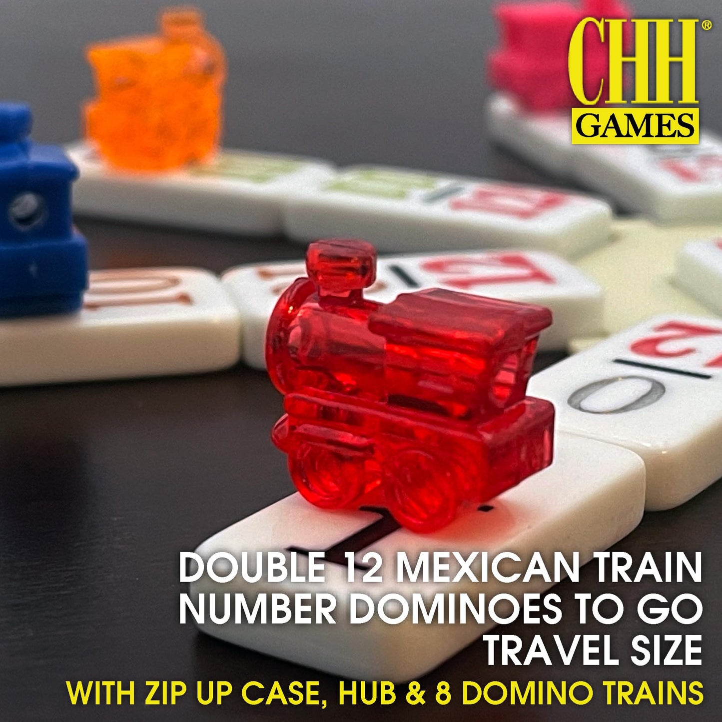 CHH Double 12 Mexican Train Number Dominoes – Travel Size with Zip Up Case, Hub & 8 Domino Trains – 91 Fun Size Numbered Dominoes