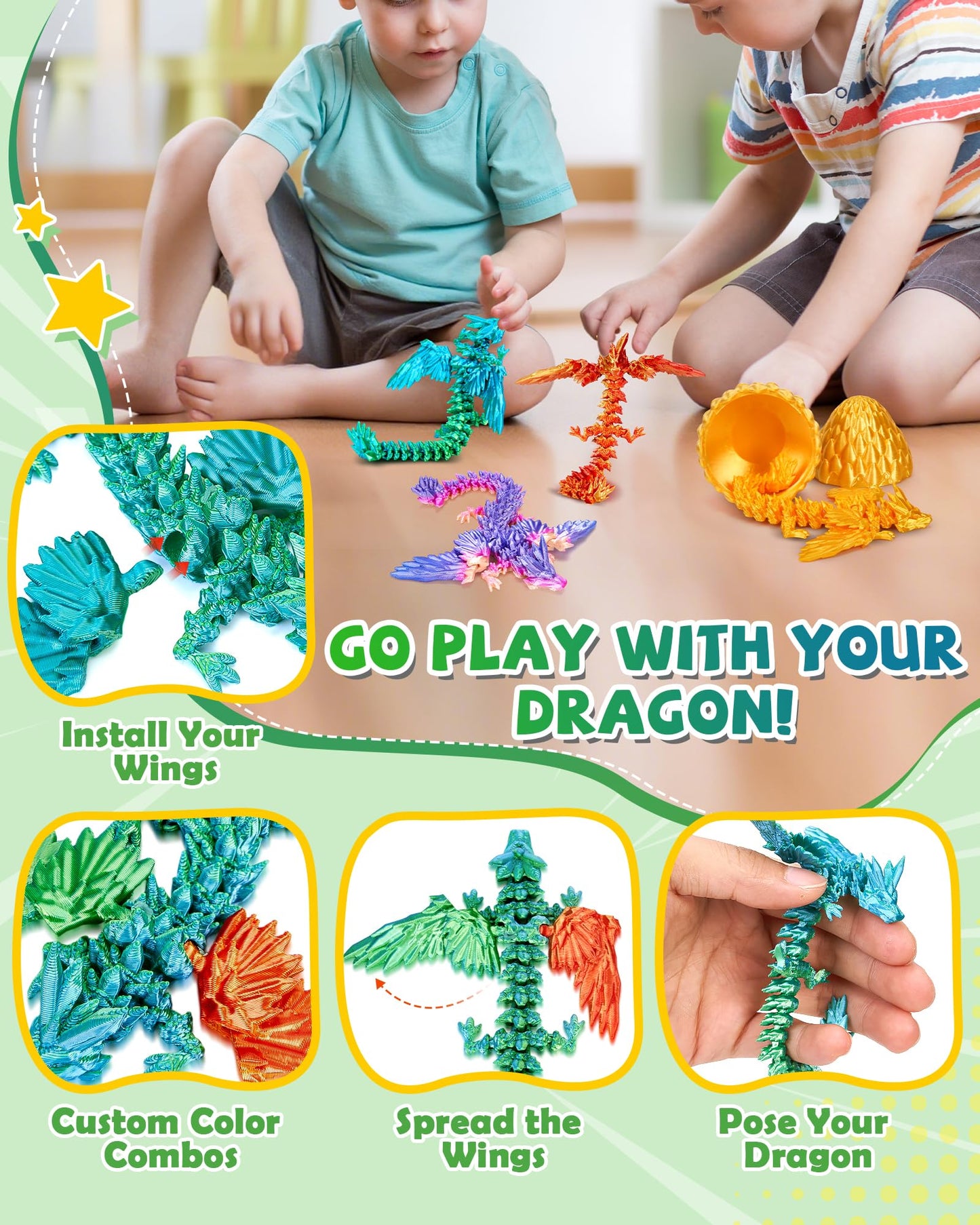TBOLINE 4-Pack 3D Printed Dragons with Wings & Surprise Eggs, Articulated Flying Dragon Toys for Kids Ages 4-10, Boys & Girls Fidget Fun