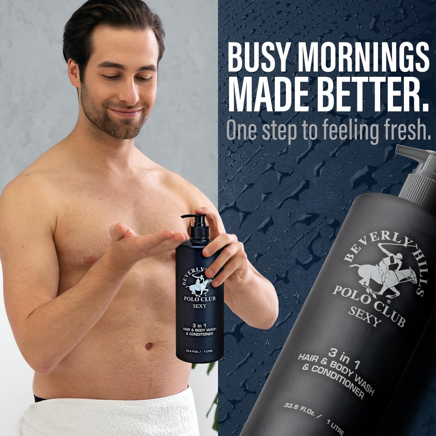Beverly Hills Polo Club Men's 3 in 1 Shampoo Conditioner and Body Wash Featuring Luxury Scents Blaze Blue Classic and Sexy 33.8 oz BHPC (Sexy)
