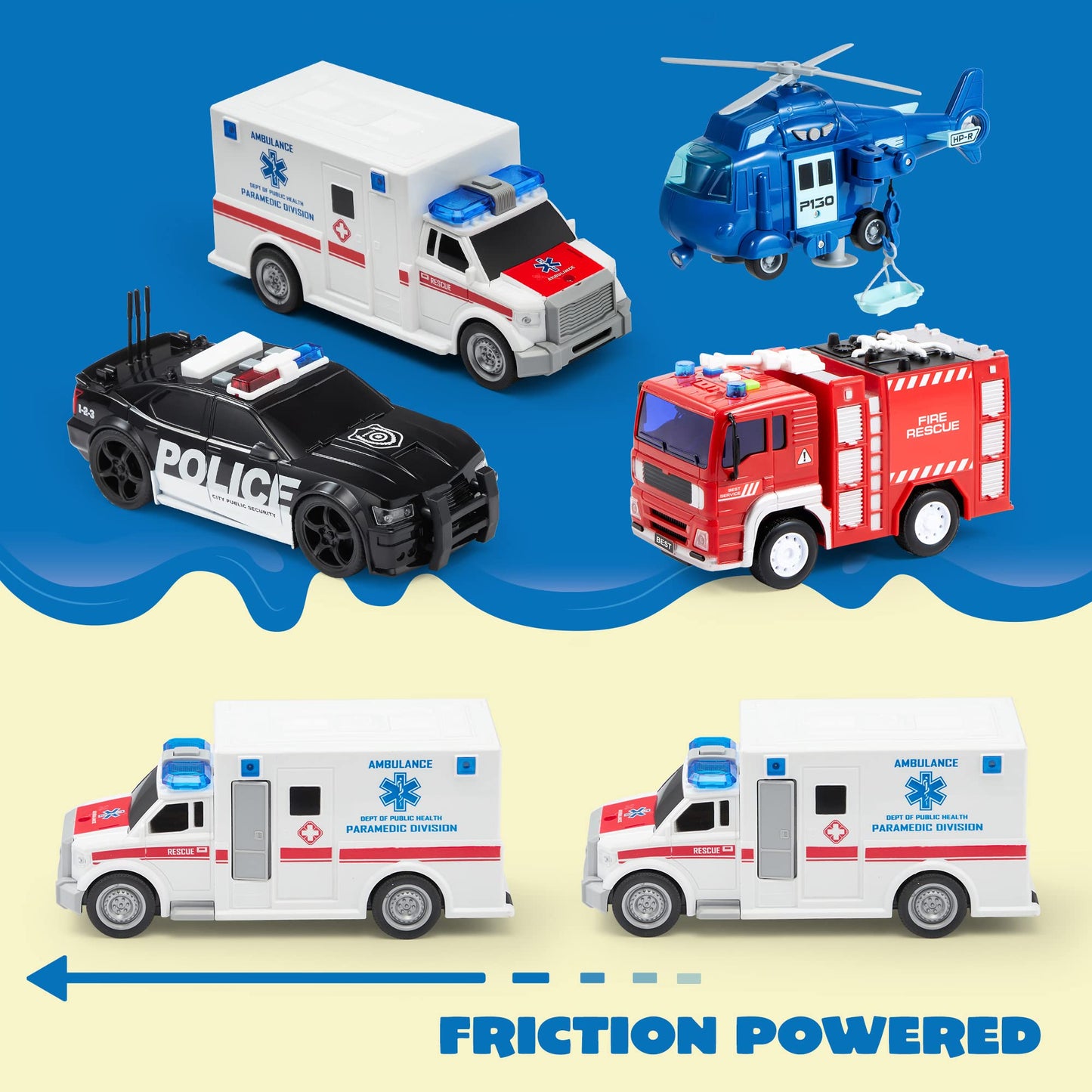 JOYIN 4-Pack Emergency Vehicle Toys, Friction Powered Fire Truck, Ambulance, Police Car & Helicopter with Lights & Sounds, Kids Gift