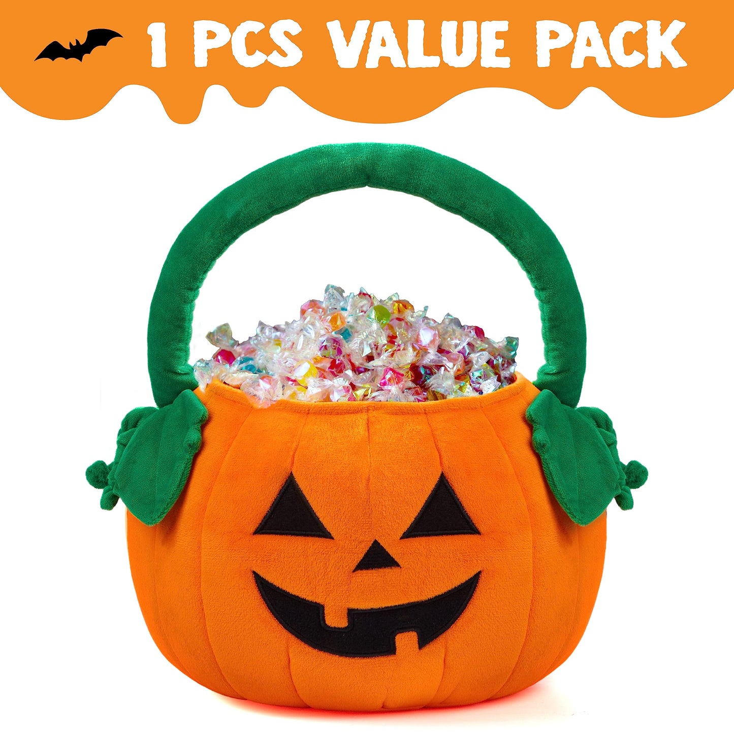 JOYIN Halloween Pumpkin Plush Tote Candy Bag, 11"x13.4" Trick or Treat Basket with Handle for Kids, Party Favors & Gifts