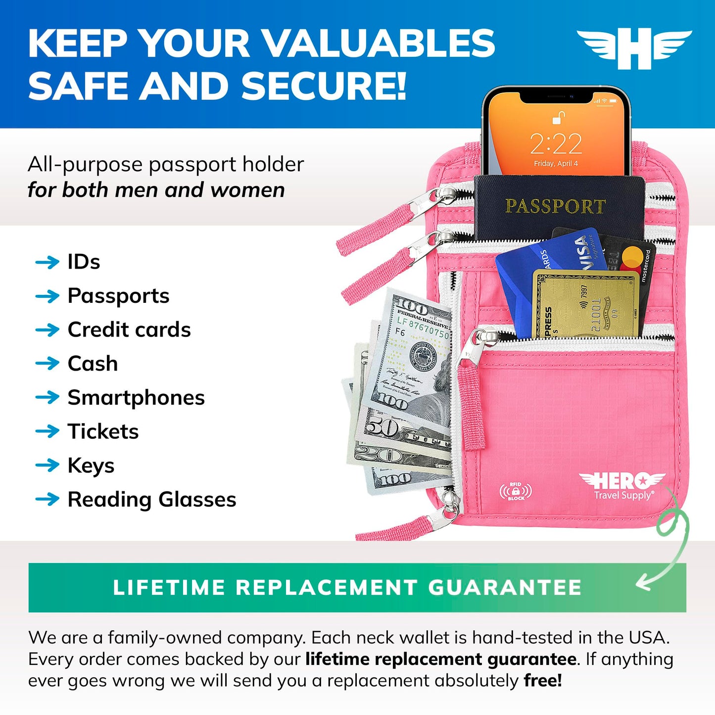 Hero Travel Supply Neck Wallet, RFID Blocking Passport Holder, Easy to Conceal Pouch (Hot Pink)