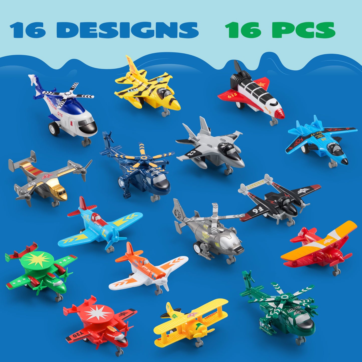 JOYIN 16-Piece Pull Back Airplane Toy Set for Kids 3+ – Includes Helicopter, Fighter, Bomber & Biplane Models, Classroom & Birthday Gifts