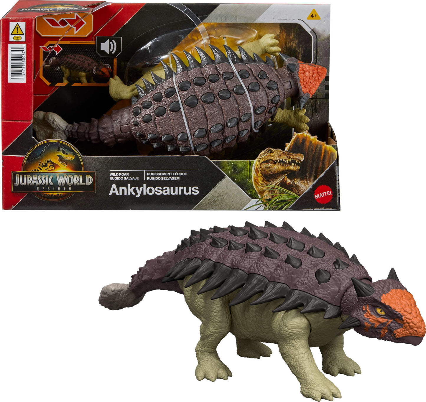 Mattel Jurassic World Rebirth Wild Roar Dinosaur Toy, Posable Ankylosaurus Figure, Tail Controlled Head Butt & Multi Attack & Sound, Digital Play