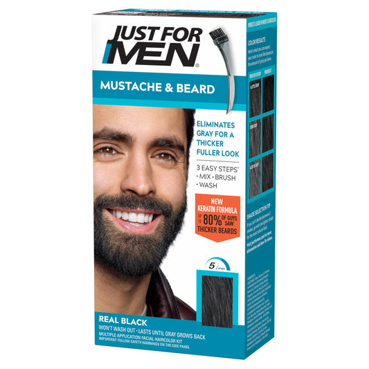 Just For Men Mustache & Beard Dye - Real Black M-55 | Includes Brush | With Keratin, Biotin, Aloe & Coconut Oil for Healthy Facial Hair, 1 Pack
