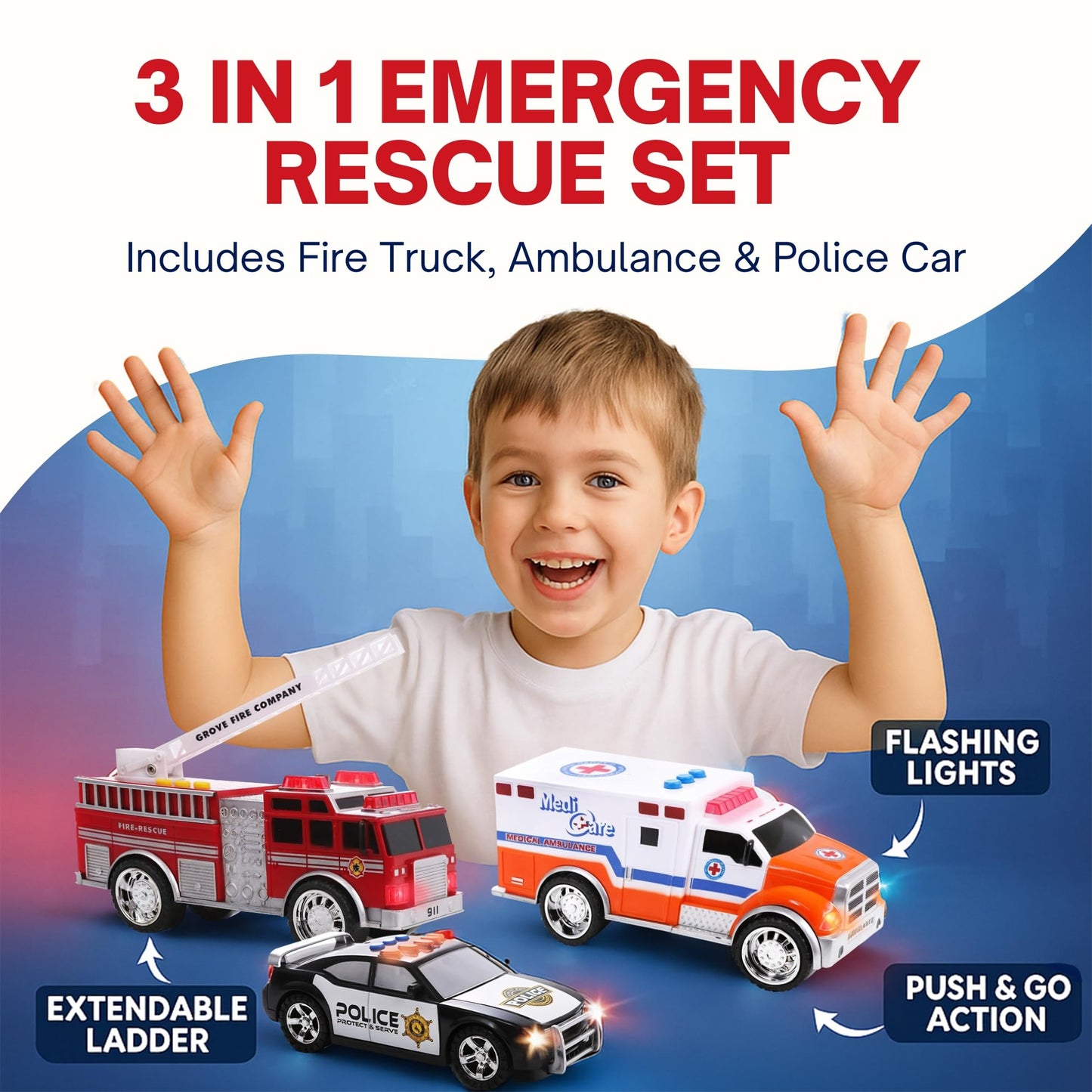 Liberty Imports 3-in-1 True Hero Rescue Vehicles Playset for Kids – Ambulance, Fire Truck & Police Car with LED Lights & Sound Effects
