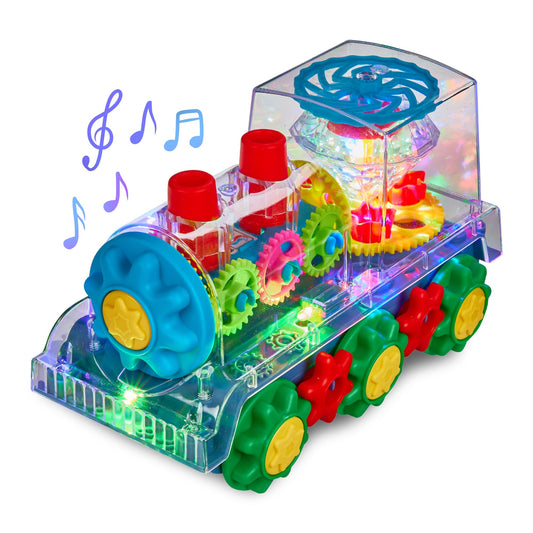 Playbees Light-Up Train Toy for Kids | Transparent Gear Cars, Flashing Lights, Music & Educational Crawling Fun, Battery Operated Birthday Gift